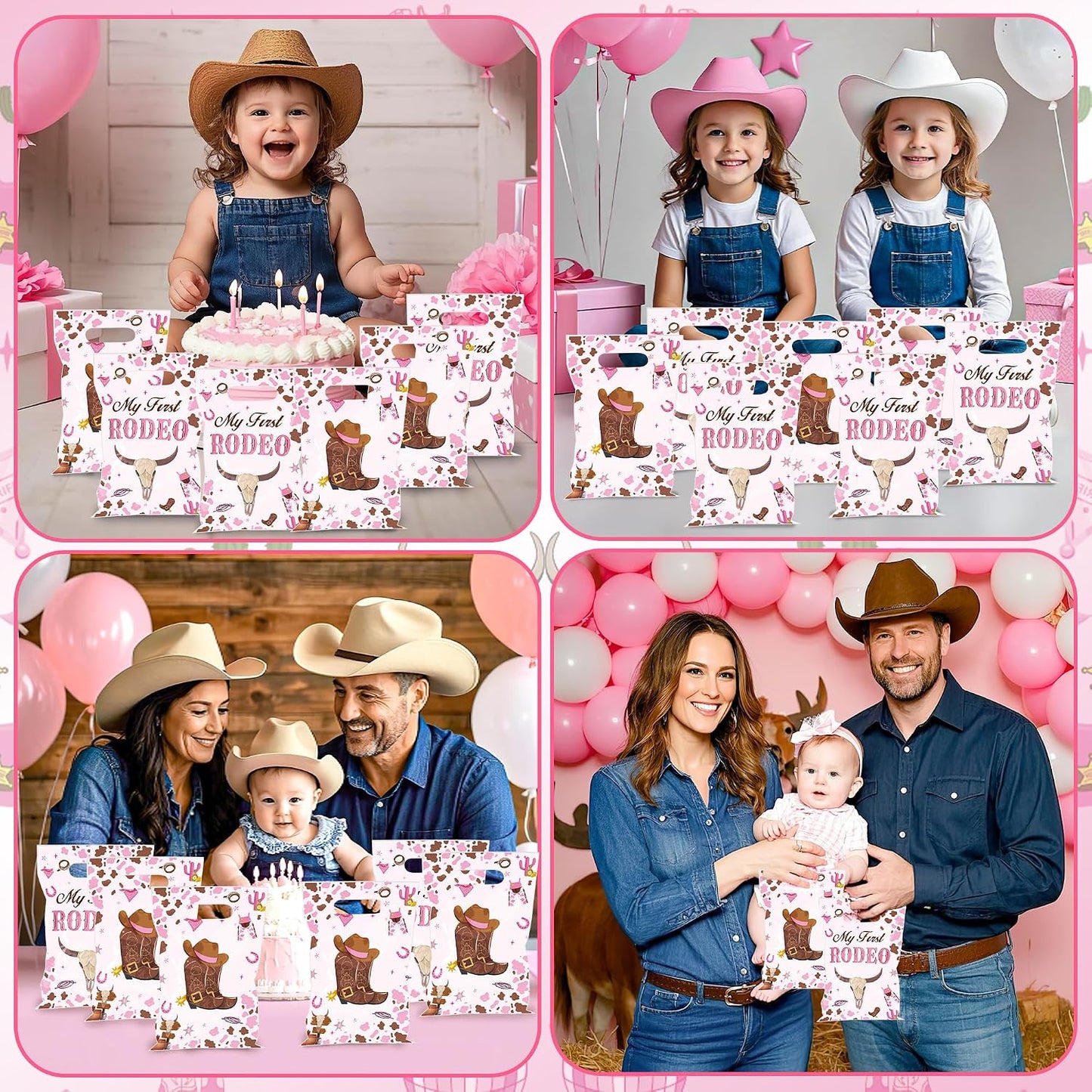 50PCS Cowgirl Party Favor Bags for Girls, My First Rodeo Birthday Plastic Gift Bags with Handles, Pink Cowgirl Candy Goodie Treat Bags for Kids 1St Birthday Western Theme Party Decorations