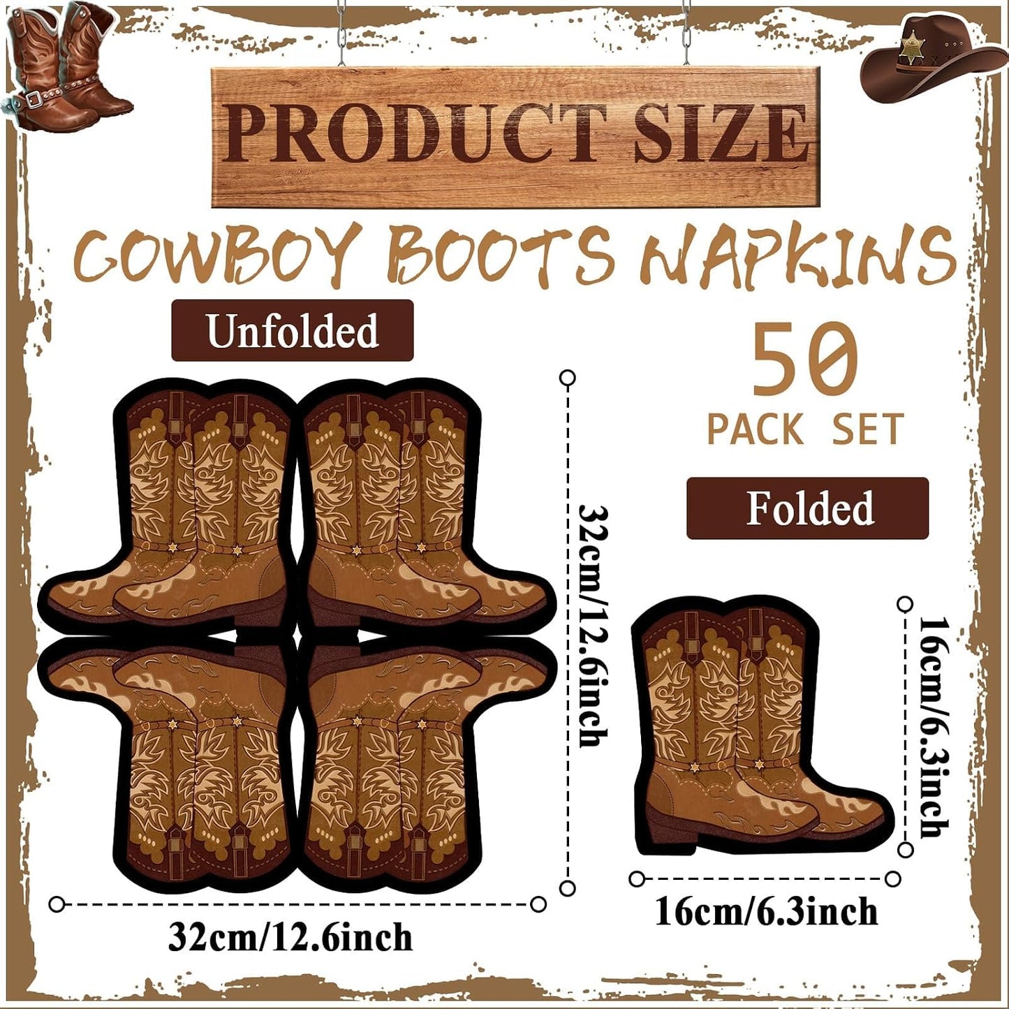 50 Pcs Cowboy Boot Napkins - Western Party Decorations, Wild West Cowgirl Boot Shaped Napkins for Baby Shower, Rodeo, Birthday Lunch & Dinner Table Decor, Party Favor