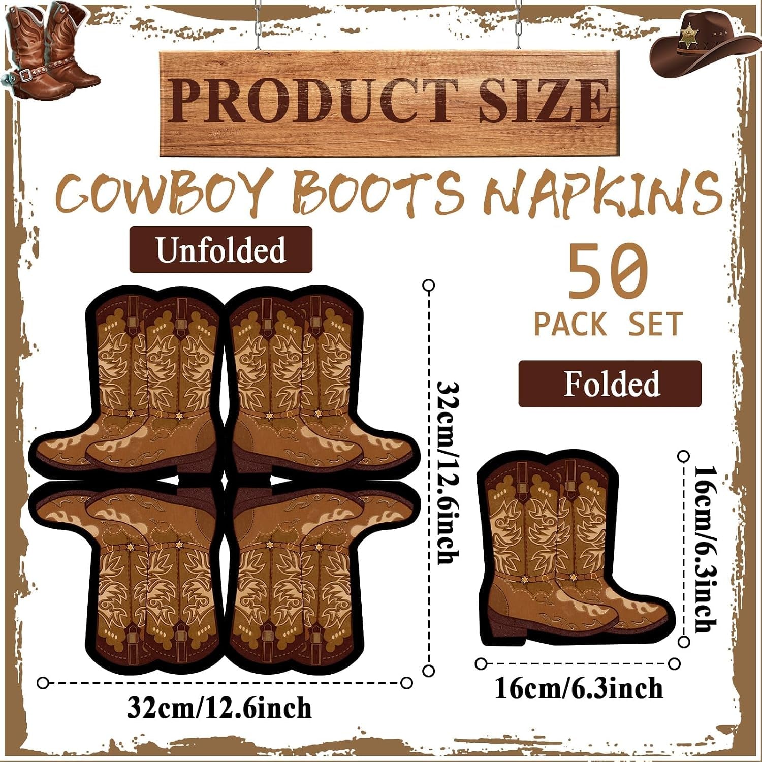 50 Pcs Cowboy Boot Napkins - Western Party Decorations, Wild West Cowgirl Boot Shaped Napkins for Baby Shower, Rodeo, Birthday Lunch & Dinner Table Decor, Party Favor