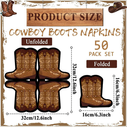 50 Pcs Cowboy Boot Napkins - Western Party Decorations, Wild West Cowgirl Boot Shaped Napkins for Baby Shower, Rodeo, Birthday Lunch & Dinner Table Decor, Party Favor