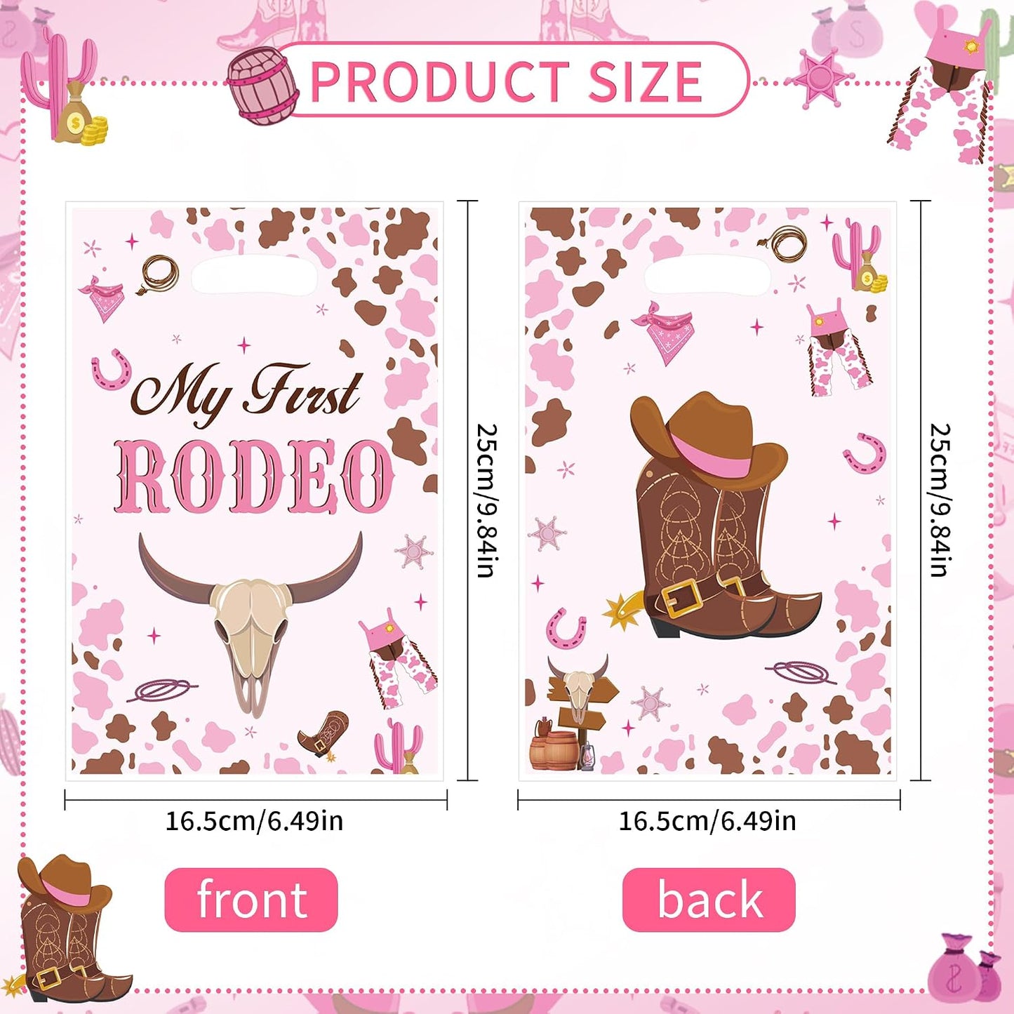 50PCS Cowgirl Party Favor Bags for Girls, My First Rodeo Birthday Plastic Gift Bags with Handles, Pink Cowgirl Candy Goodie Treat Bags for Kids 1St Birthday Western Theme Party Decorations