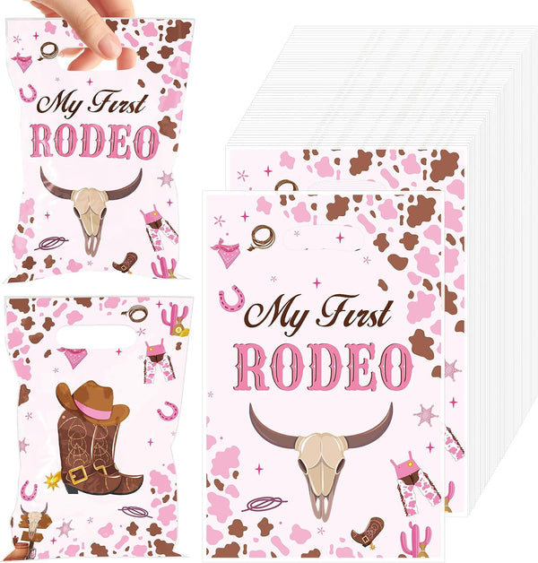 50PCS Cowgirl Party Favor Bags for Girls, My First Rodeo Birthday Plastic Gift Bags with Handles, Pink Cowgirl Candy Goodie Treat Bags for Kids 1St Birthday Western Theme Party Decorations