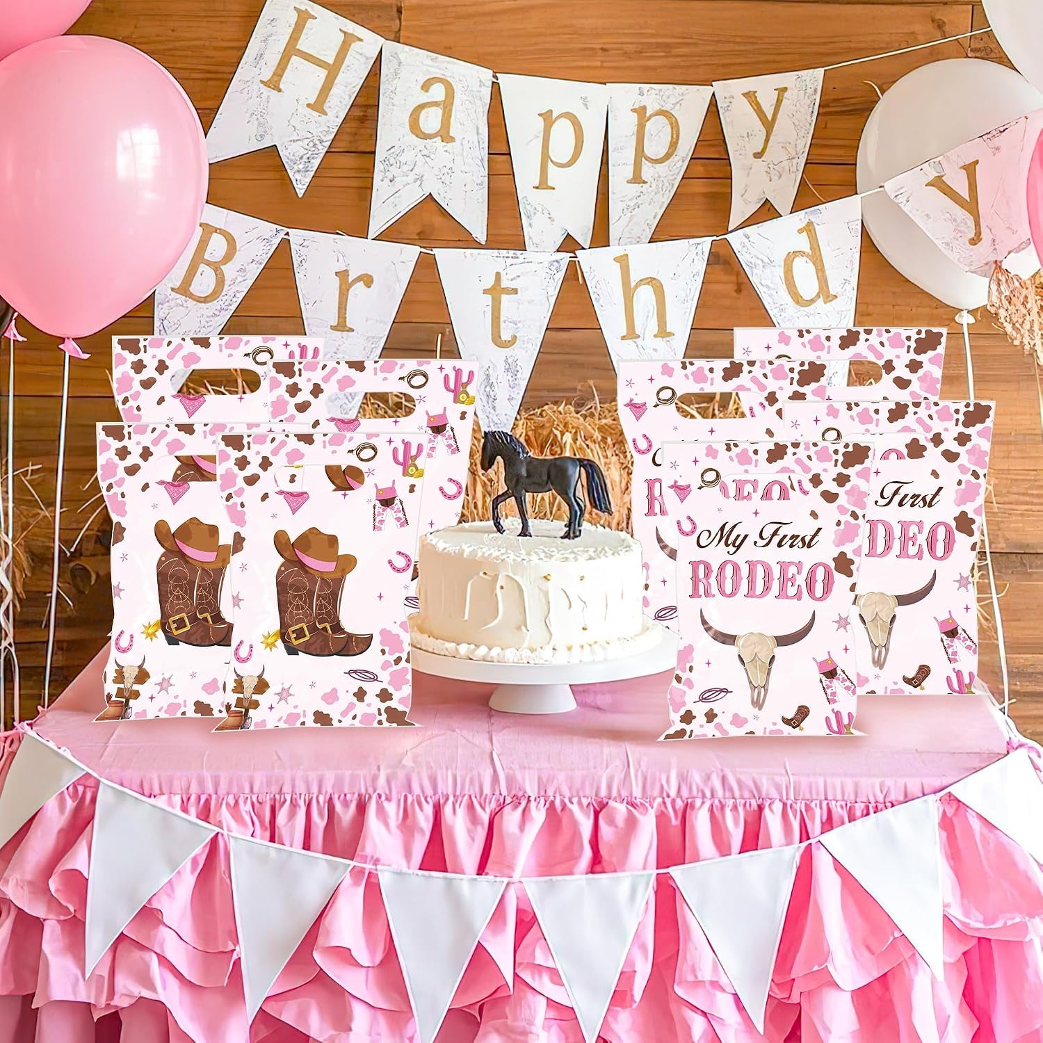 50PCS Cowgirl Party Favor Bags for Girls, My First Rodeo Birthday Plastic Gift Bags with Handles, Pink Cowgirl Candy Goodie Treat Bags for Kids 1St Birthday Western Theme Party Decorations