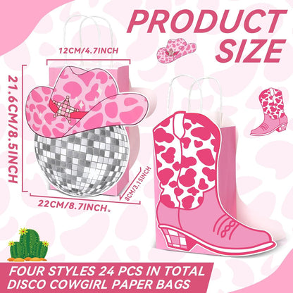 24PCS Cowgirl Birthday Party Favors Bags Western Treat Bags Cowgirl Boots Paper Goodie Favors Hot Pink Disco Gift Boxes Bulk for 80S 90S Bachelorette Party Decors Last Rodeo Supplies