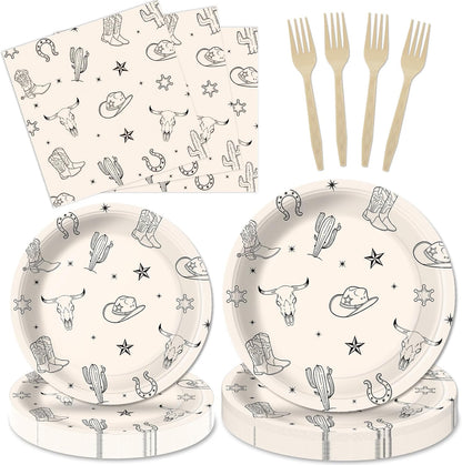 100 Pcs Cowboy Party Decorations Western Cowboy Birthday Paper Plates Napkins Disposable First Rodeo Bachelorette Tableware Set for 25 Guests Western Rodeo Birthday Baby Shower Party Supplies Favors
