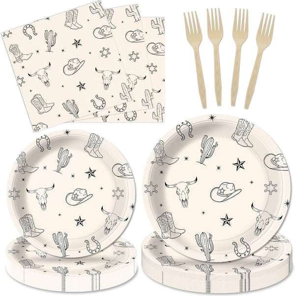 100 Pcs Cowboy Party Decorations Western Cowboy Birthday Paper Plates Napkins Disposable First Rodeo Bachelorette Tableware Set for 25 Guests Western Rodeo Birthday Baby Shower Party Supplies Favors