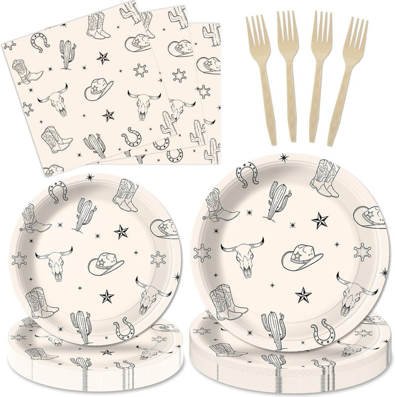 100 Pcs Cowboy Party Decorations Western Cowboy Birthday Paper Plates Napkins Disposable First Rodeo Bachelorette Tableware Set for 25 Guests Western Rodeo Birthday Baby Shower Party Supplies Favors
