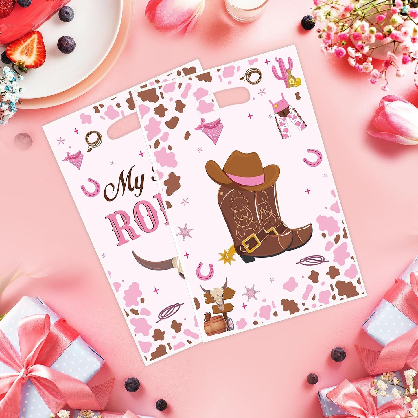 50PCS Cowgirl Party Favor Bags for Girls, My First Rodeo Birthday Plastic Gift Bags with Handles, Pink Cowgirl Candy Goodie Treat Bags for Kids 1St Birthday Western Theme Party Decorations