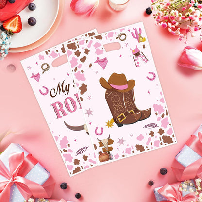 50PCS Cowgirl Party Favor Bags for Girls, My First Rodeo Birthday Plastic Gift Bags with Handles, Pink Cowgirl Candy Goodie Treat Bags for Kids 1St Birthday Western Theme Party Decorations