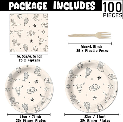 100 Pcs Cowboy Party Decorations Western Cowboy Birthday Paper Plates Napkins Disposable First Rodeo Bachelorette Tableware Set for 25 Guests Western Rodeo Birthday Baby Shower Party Supplies Favors