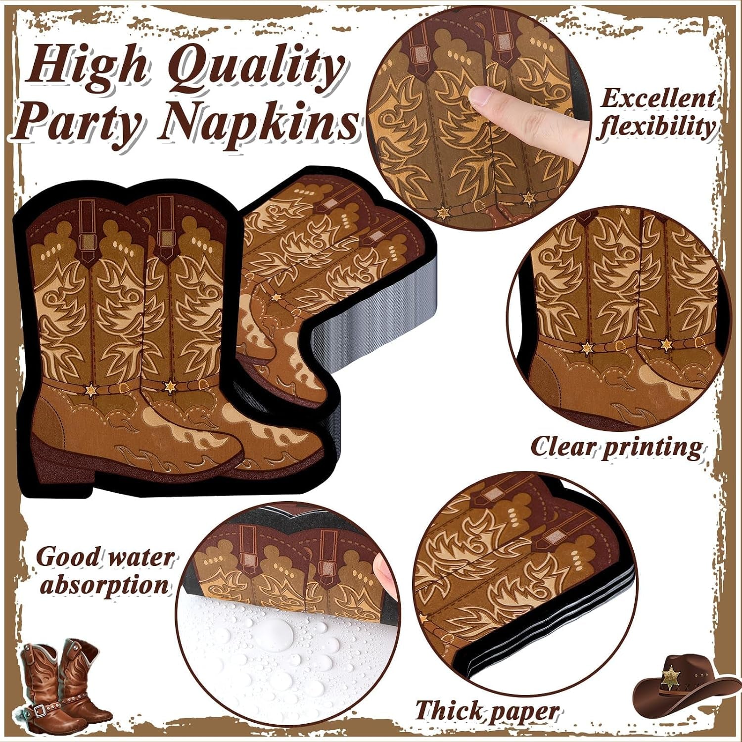 50 Pcs Cowboy Boot Napkins - Western Party Decorations, Wild West Cowgirl Boot Shaped Napkins for Baby Shower, Rodeo, Birthday Lunch & Dinner Table Decor, Party Favor