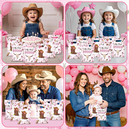 50PCS Cowgirl Party Favor Bags for Girls, My First Rodeo Birthday Plastic Gift Bags with Handles, Pink Cowgirl Candy Goodie Treat Bags for Kids 1St Birthday Western Theme Party Decorations