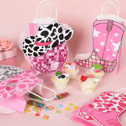 24PCS Cowgirl Birthday Party Favors Bags Western Treat Bags Cowgirl Boots Paper Goodie Favors Hot Pink Disco Gift Boxes Bulk for 80S 90S Bachelorette Party Decors Last Rodeo Supplies