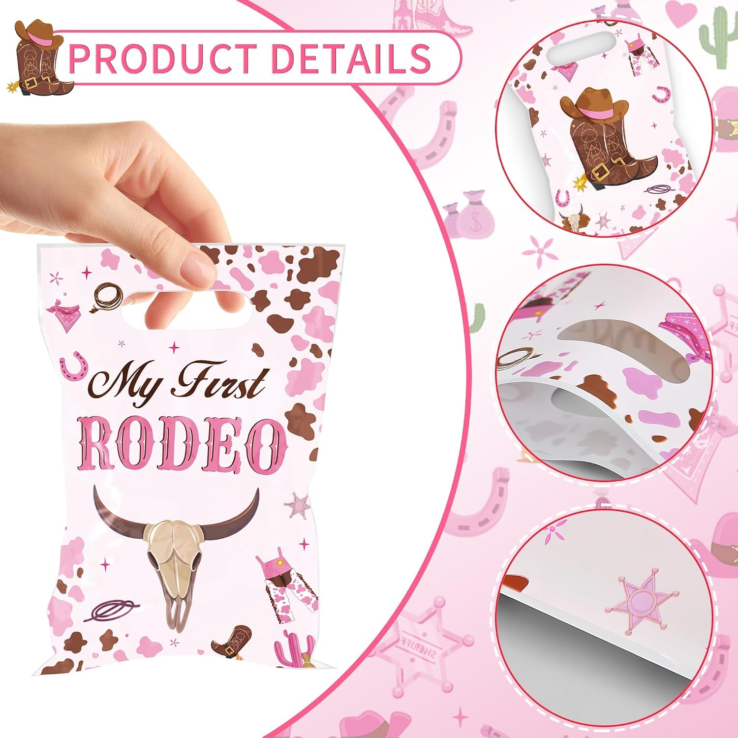 50PCS Cowgirl Party Favor Bags for Girls, My First Rodeo Birthday Plastic Gift Bags with Handles, Pink Cowgirl Candy Goodie Treat Bags for Kids 1St Birthday Western Theme Party Decorations
