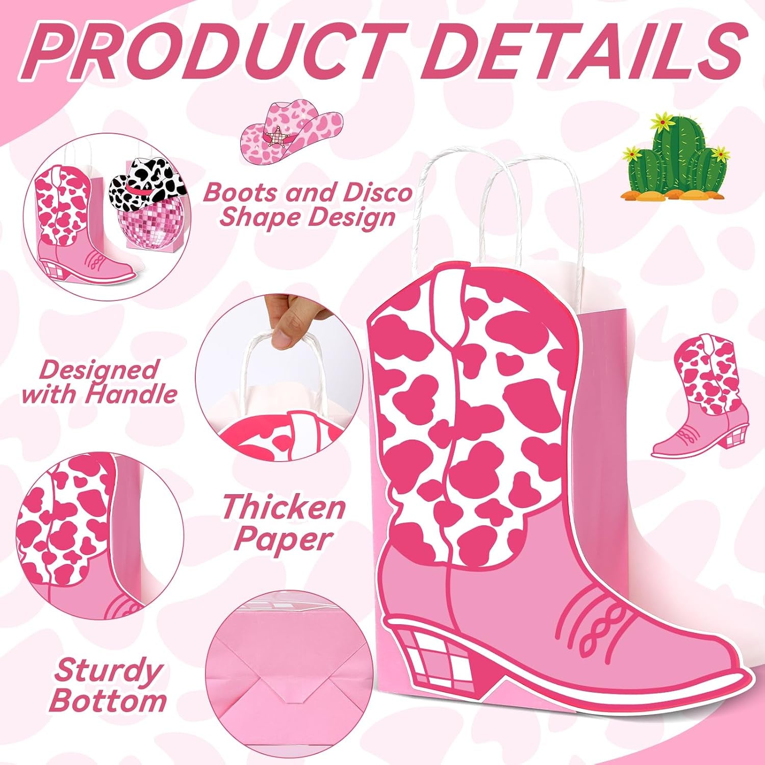 24PCS Cowgirl Birthday Party Favors Bags Western Treat Bags Cowgirl Boots Paper Goodie Favors Hot Pink Disco Gift Boxes Bulk for 80S 90S Bachelorette Party Decors Last Rodeo Supplies