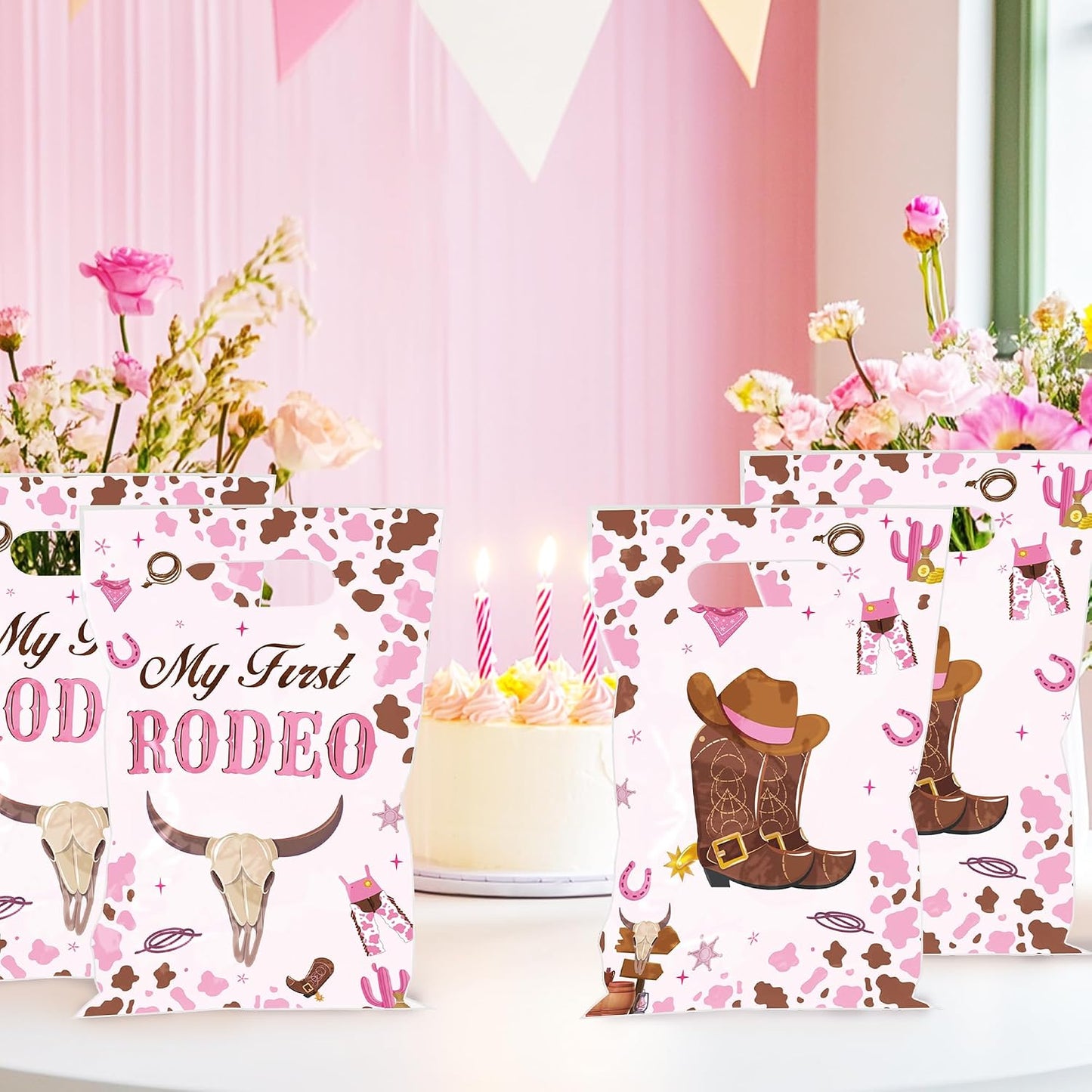50PCS Cowgirl Party Favor Bags for Girls, My First Rodeo Birthday Plastic Gift Bags with Handles, Pink Cowgirl Candy Goodie Treat Bags for Kids 1St Birthday Western Theme Party Decorations