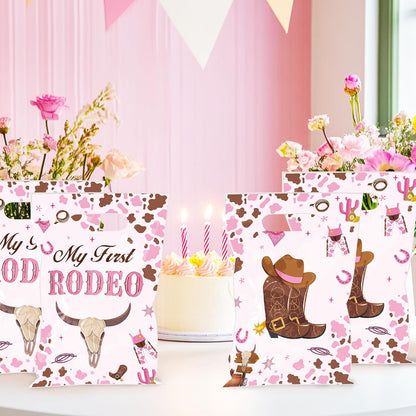 50PCS Cowgirl Party Favor Bags for Girls, My First Rodeo Birthday Plastic Gift Bags with Handles, Pink Cowgirl Candy Goodie Treat Bags for Kids 1St Birthday Western Theme Party Decorations