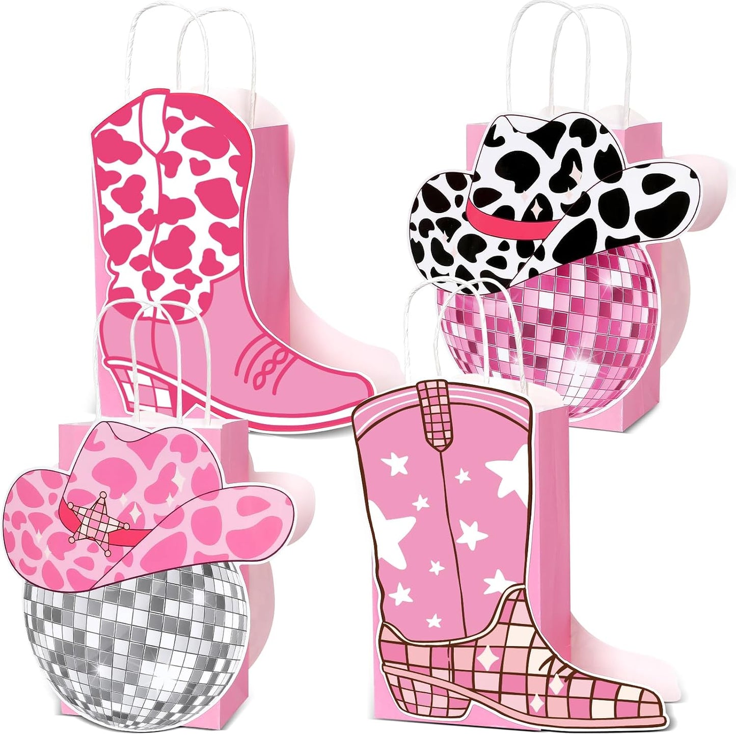 24PCS Cowgirl Birthday Party Favors Bags Western Treat Bags Cowgirl Boots Paper Goodie Favors Hot Pink Disco Gift Boxes Bulk for 80S 90S Bachelorette Party Decors Last Rodeo Supplies