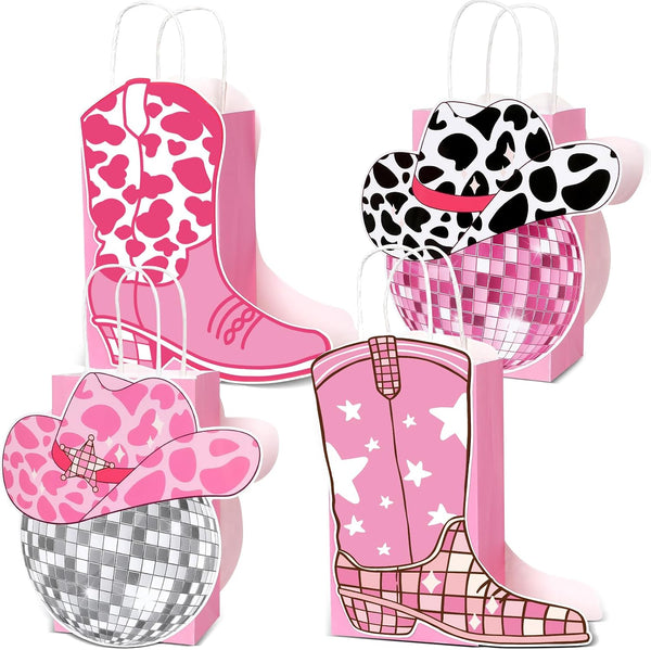 24PCS Cowgirl Birthday Party Favors Bags Western Treat Bags Cowgirl Boots Paper Goodie Favors Hot Pink Disco Gift Boxes Bulk for 80S 90S Bachelorette Party Decors Last Rodeo Supplies