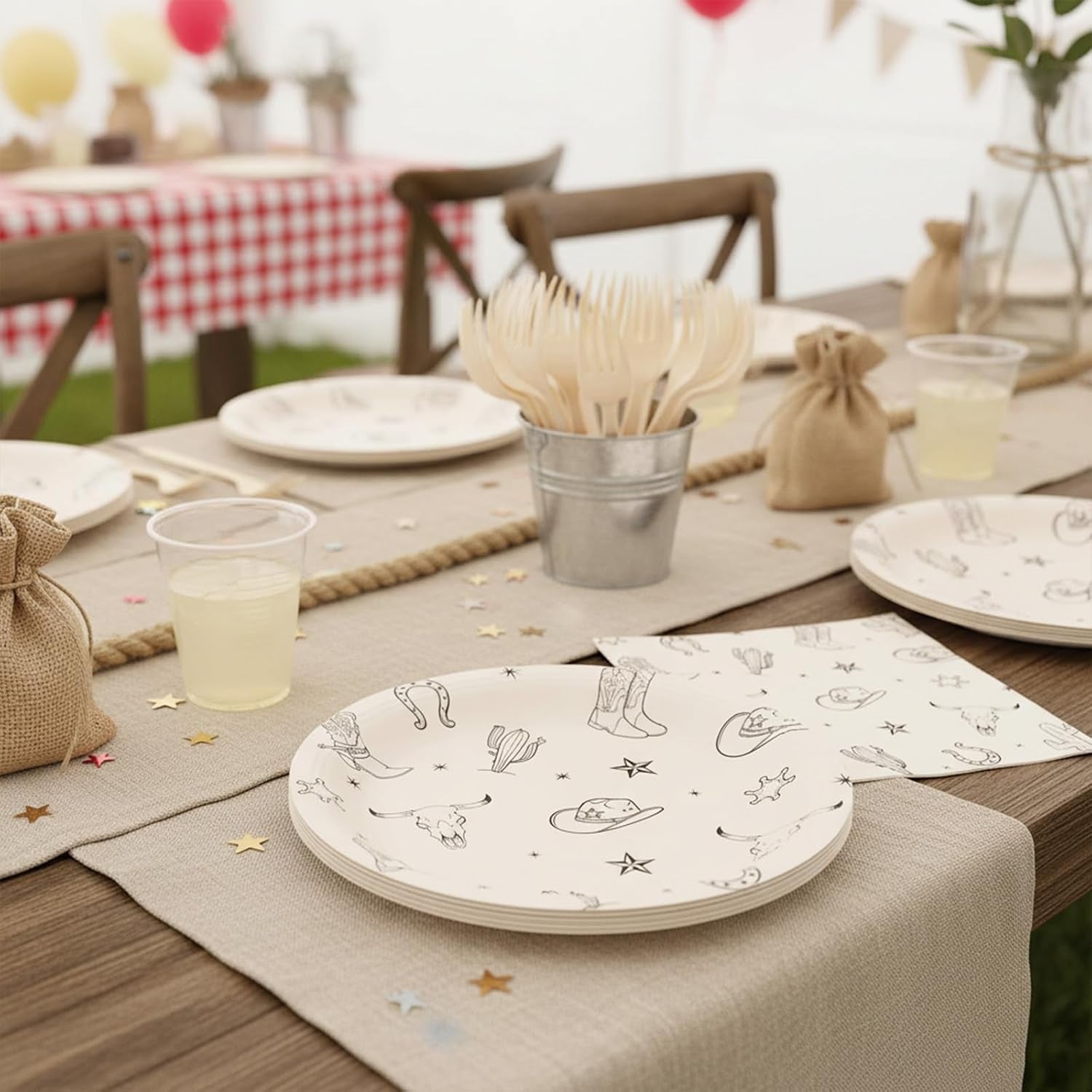 100 Pcs Cowboy Party Decorations Western Cowboy Birthday Paper Plates Napkins Disposable First Rodeo Bachelorette Tableware Set for 25 Guests Western Rodeo Birthday Baby Shower Party Supplies Favors